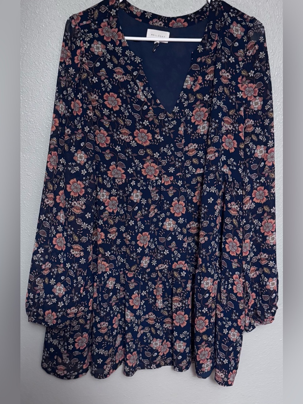MELLODAY Navy Floral V-Neck Long Sleeve Tunic with Orange Blooms
